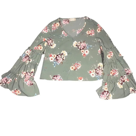 Altar'd State Women's Small Floral Bell Sleeve Boho Top Multicolor V-Neck Blouse - Picture 2 of 4
